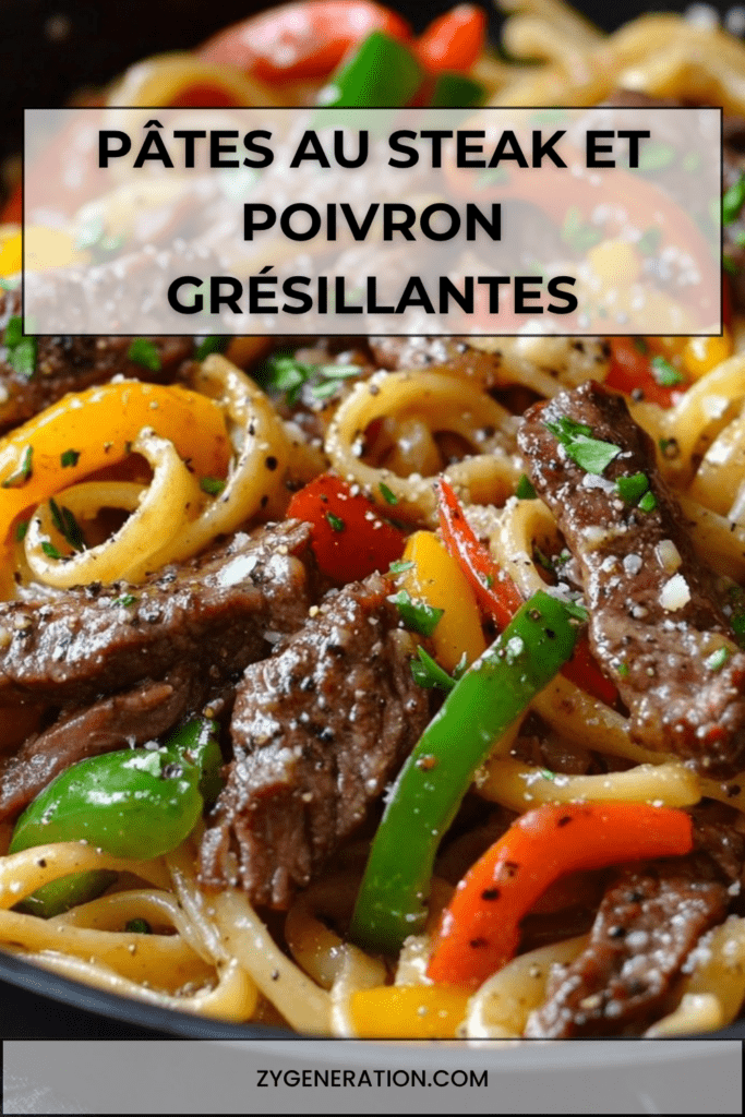 Pâtes au steak et poivron grésillantes servies chaudes, avec lanières de bœuf dorées, poivrons rouges, ail, paprika, persil frais et parmesan
