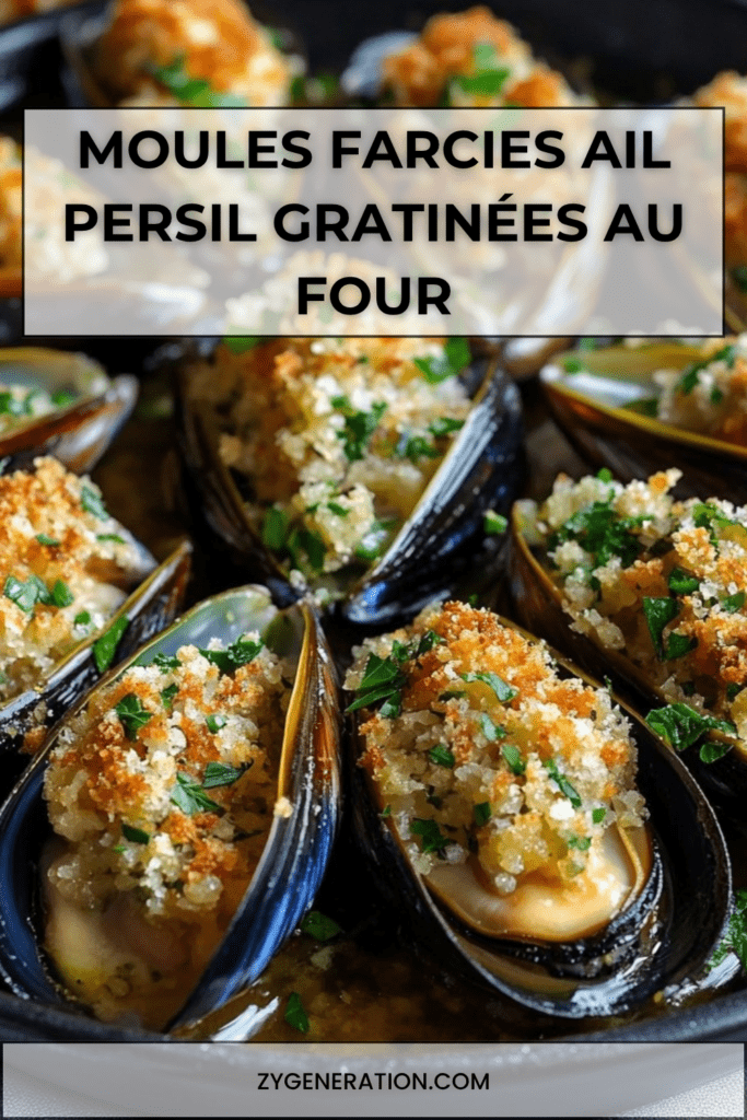 Moules farcies au beurre à l’ail et au persil gratinées au four, avec chapelure dorée, coquilles garnies et pain grillé