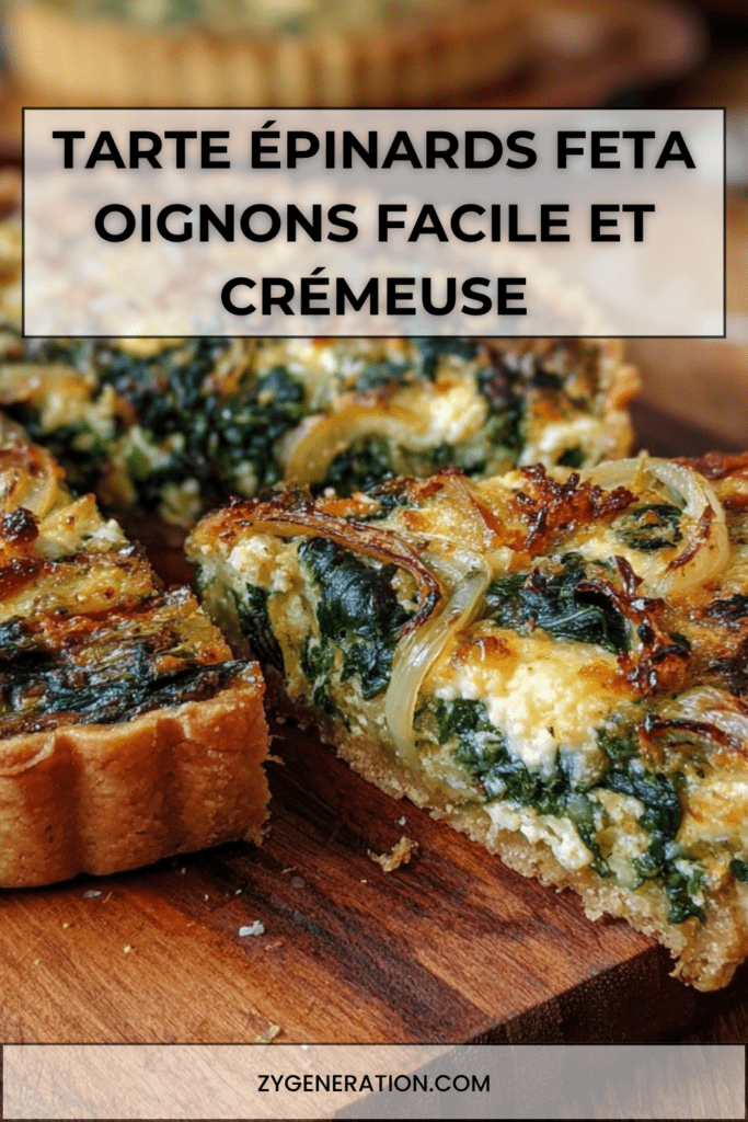 Tarte aux épinards, feta et oignons dorée au four, servie en parts avec pâte feuilletée croustillante et garniture crémeuse aux œufs