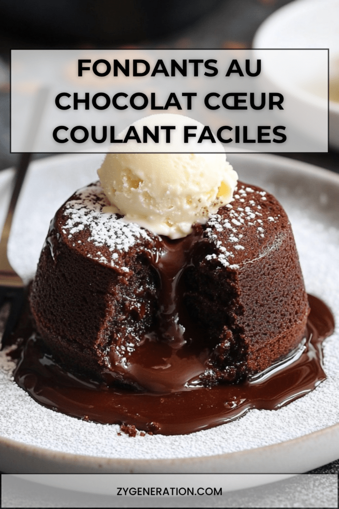Fondants au chocolat individuels avec cœur coulant, servis avec une boule de glace vanille, coulis de fruits rouges et chocolat fondu