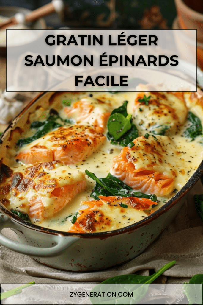 Gratin léger de saumon et épinards doré au four, avec sauce au yaourt, moutarde, fromage râpé léger et morceaux de saumon fondants