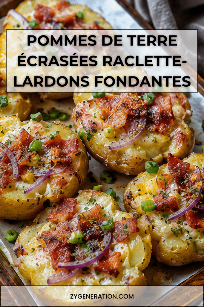 Pommes de terre écrasées croustillantes garnies de fromage à raclette fondu, lardons dorés, oignon rouge et ciboulette fraîche, servies chaudes sur une plaque.