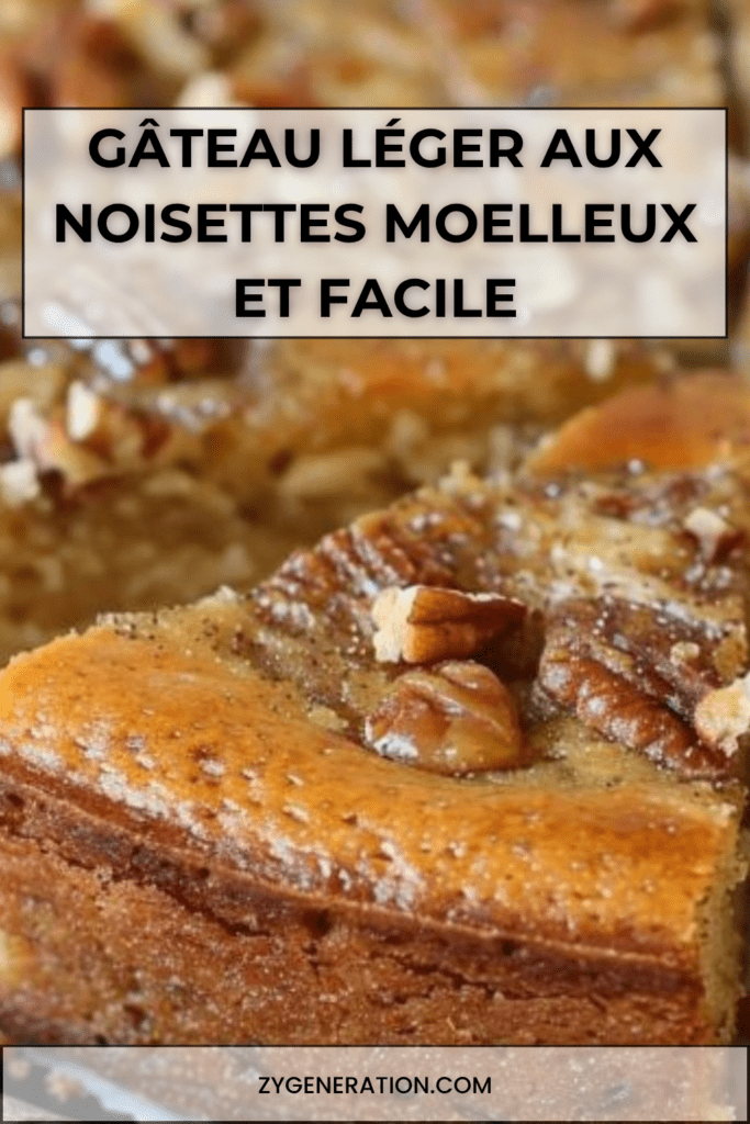 Gâteau léger aux noisettes moelleux, saupoudré de sucre glace, présenté en parts carrées avec une texture aérienne et dorée.