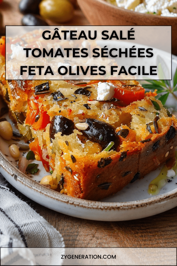 Gâteau salé moelleux aux tomates séchées, feta, olives noires et gruyère râpé, coupé en tranches dorées sur une planche en bois.