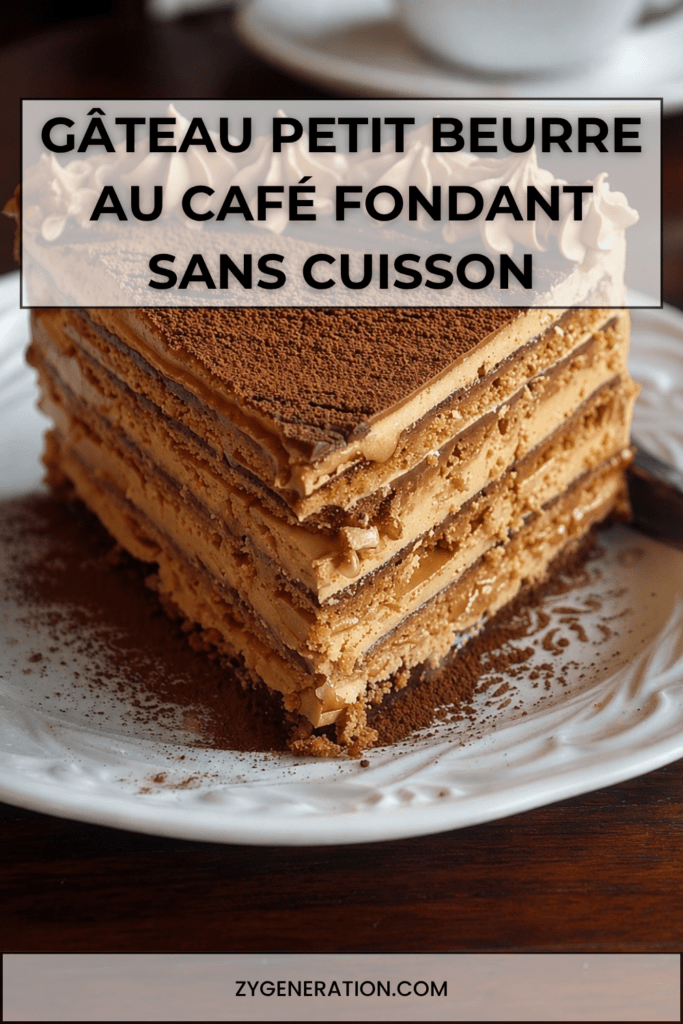 Gâteau Petit Beurre au café sans cuisson, composé de couches de biscuits imbibés de café et de crème au beurre cacao, servi en parts fondantes.