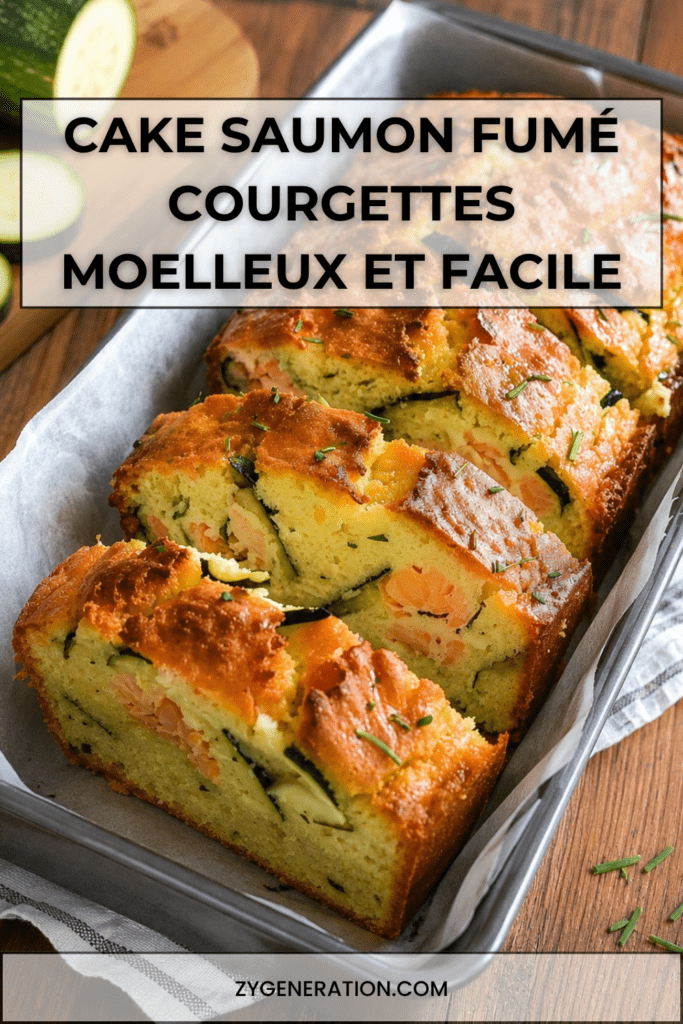 Cake salé au saumon fumé et courgettes, coupé en tranches moelleuses avec morceaux de fromage, courgettes râpées et saumon fumé.