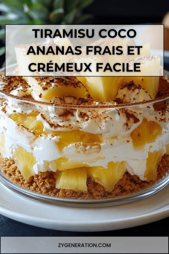 Tiramisu coco ananas en verrines, avec crème mascarpone à la noix de coco, morceaux d’ananas frais, biscuits moelleux et noix de coco râpée.