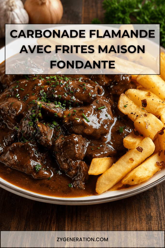 Carbonade flamande servie avec des frites maison dorées, morceaux de bœuf fondants nappés d’une sauce brune à la bière et aux oignons.