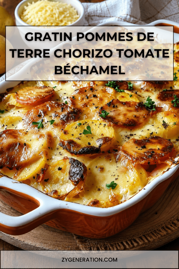 Gratin de pommes de terre au chorizo, tomates et béchamel, doré au gruyère râpé, servi chaud dans un plat familial.