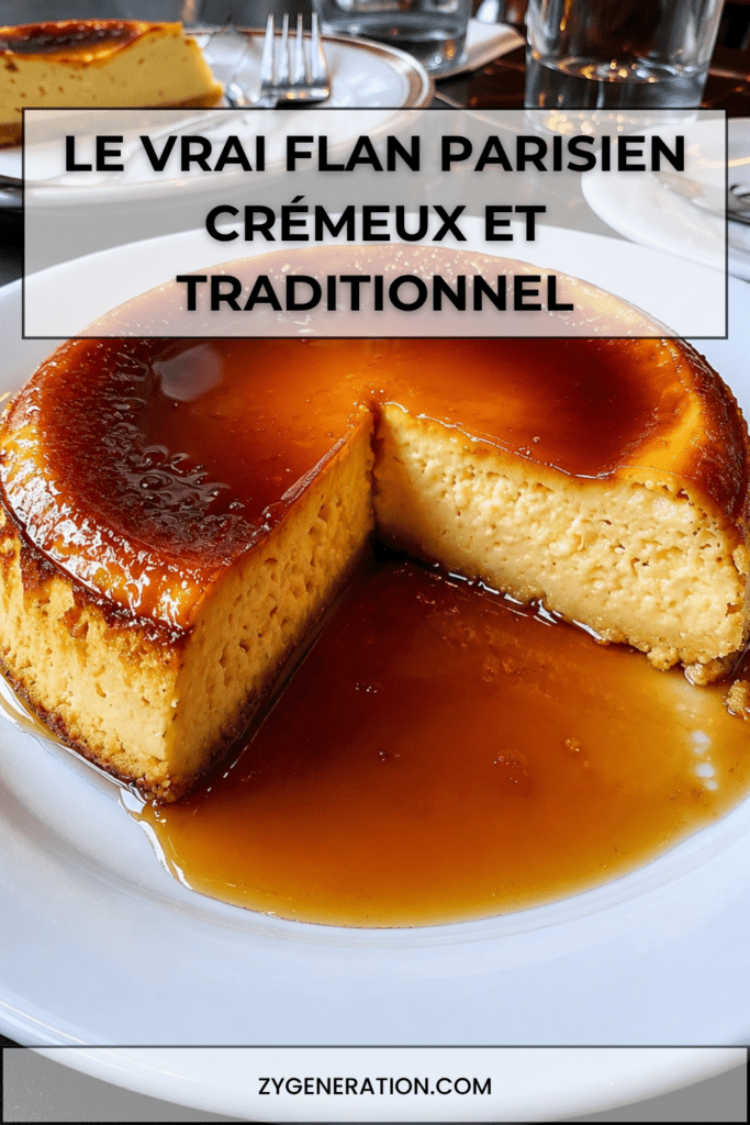 Flan parisien traditionnel à la vanille, bien doré sur le dessus, avec une pâte croustillante et une crème épaisse, lisse et fondante.