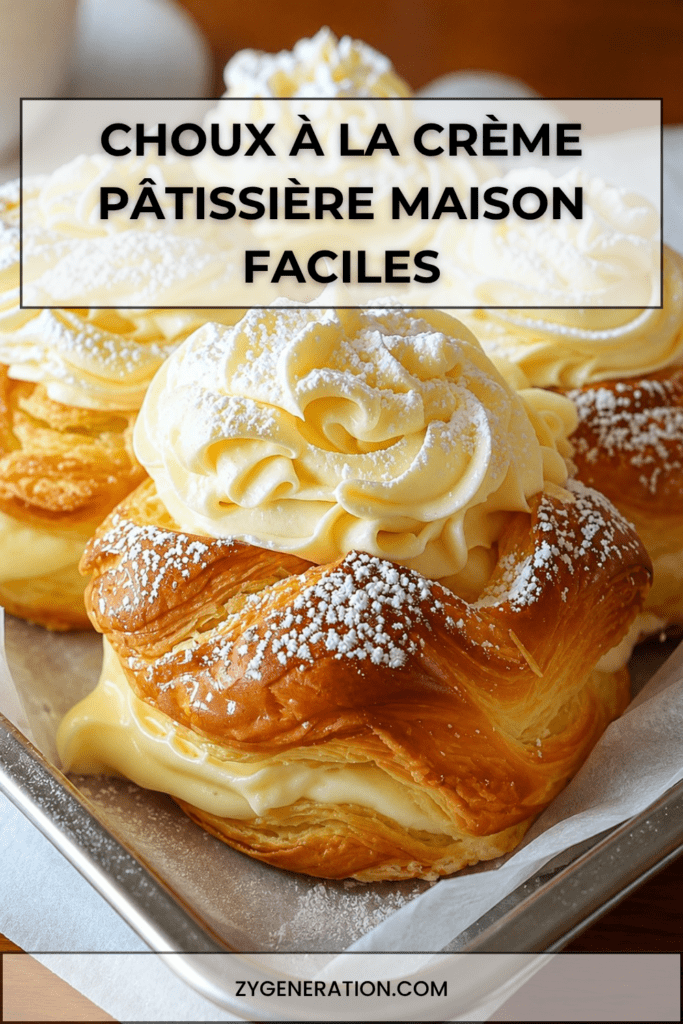 Choux dorés garnis de crème pâtissière à la vanille, avec un léger glaçage blanc sur le dessus, servis sur une assiette de dessert.