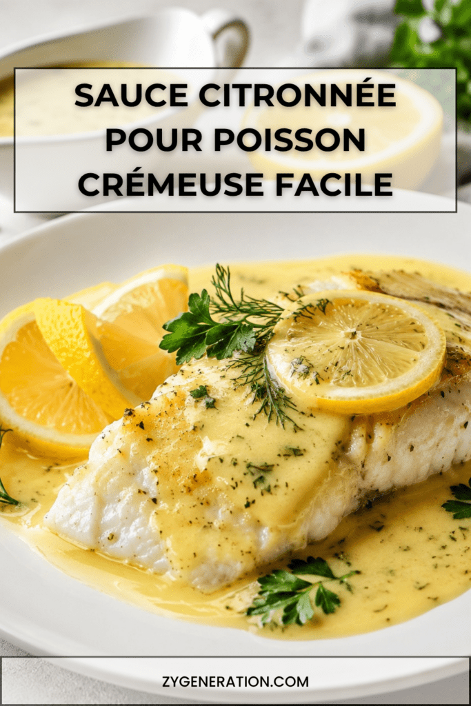Sauce citronnée crémeuse pour poisson, préparée avec crème, citron, échalote, ail, moutarde douce et persil frais, servie chaude dans une saucière.