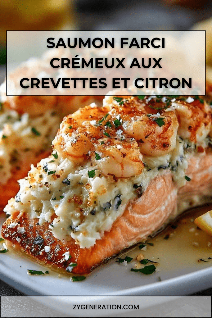 Pavés de saumon farcis d’une crème au fromage frais et aux crevettes, servis avec une sauce citronnée, du persil frais et une garniture fondante