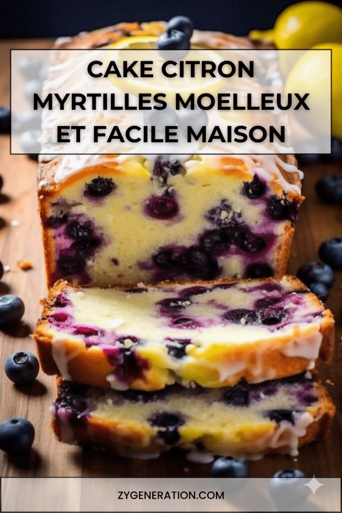 Cake citron et aux myrtilles, nappé d’un glaçage citronné, décoré de myrtilles fraîches et d’une fine rondelle de citron.