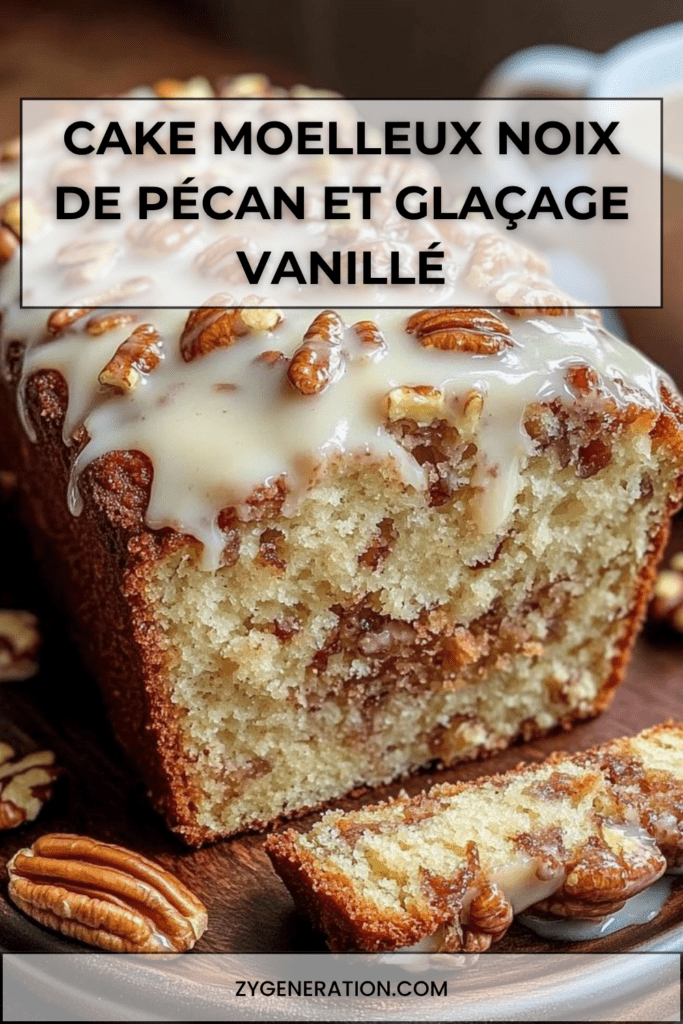 Cake moelleux aux noix de pécan avec cœur cannelle, nappé d’un glaçage vanillé et décoré de noix de pécan croquantes.