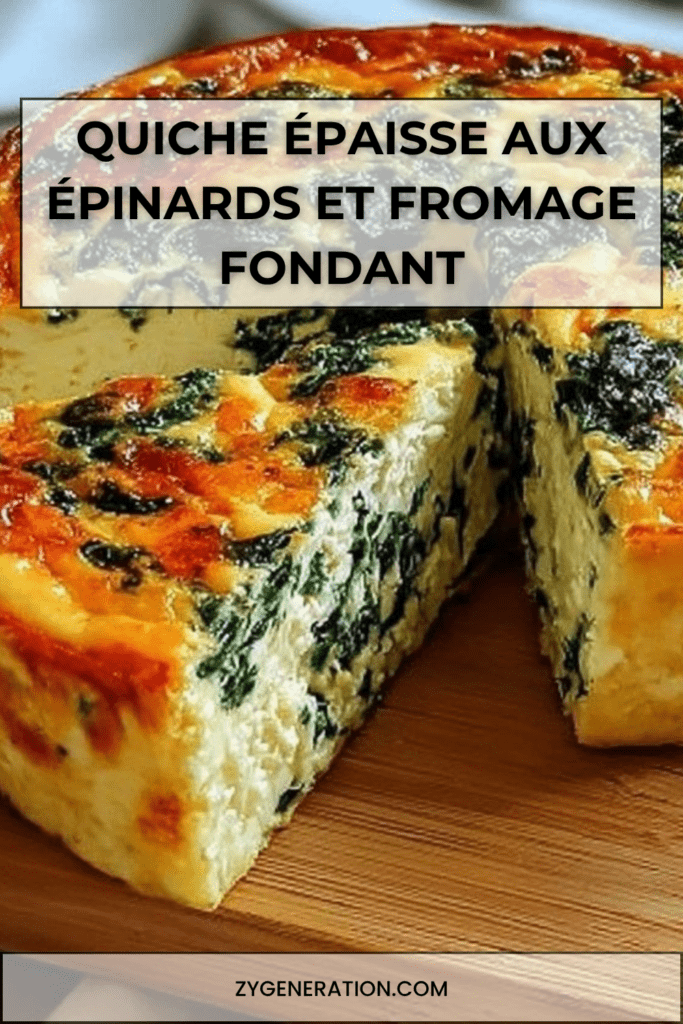 Quiche épaisse aux épinards et fromage, dorée au four, servie en parts généreuses avec une texture fondante et une garniture verte.