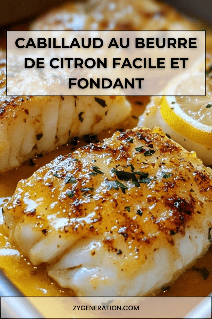 Dos de cabillaud cuits au four avec une sauce au beurre citronné, rondelles de citron, ail et persil frais, servis bien chauds.