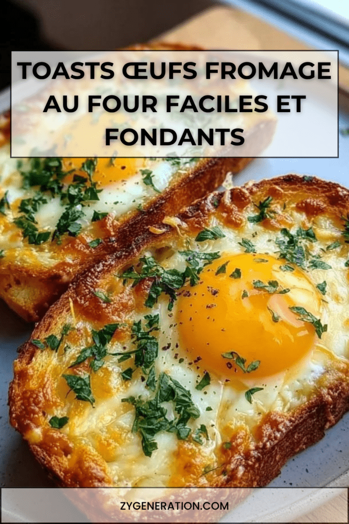Toasts dorés au four avec œufs au centre, fromage fondu, crème fraîche, persil frais et pain croustillant servis chauds.