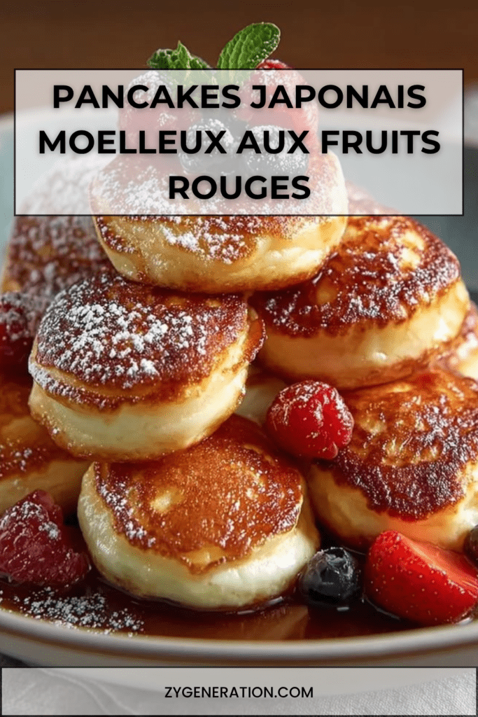 Pancakes japonais épais et moelleux servis avec framboises, myrtilles, fraises, sirop d’érable, sucre glace et feuilles de menthe fraîche.