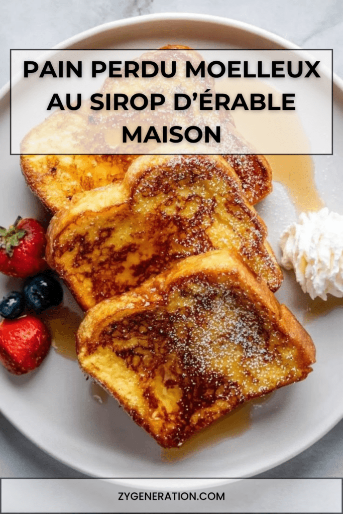 Tranches de pain perdu moelleux et doré, nappées de sirop d’érable, saupoudrées de sucre glace et servies avec fraises et myrtilles.