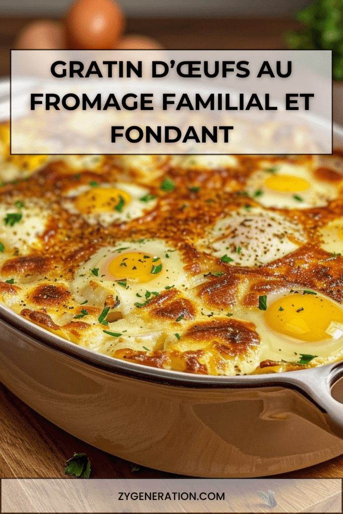 Gratin d’œufs au fromage familial avec pommes de terre fondantes, crème fraîche, oignons revenus, fromage râpé doré et persil frais.