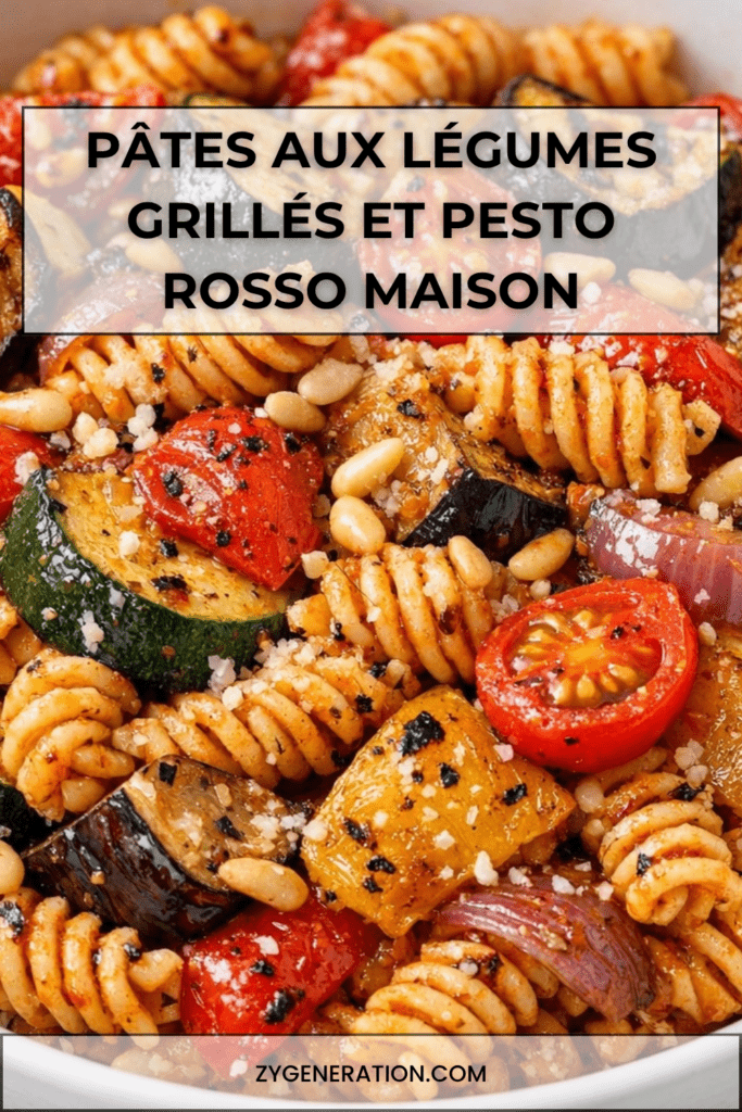 Pâtes tortiglioni aux légumes grillés, courgette, aubergine, poivron jaune, pesto rosso, huile d’olive et herbes fraîches.