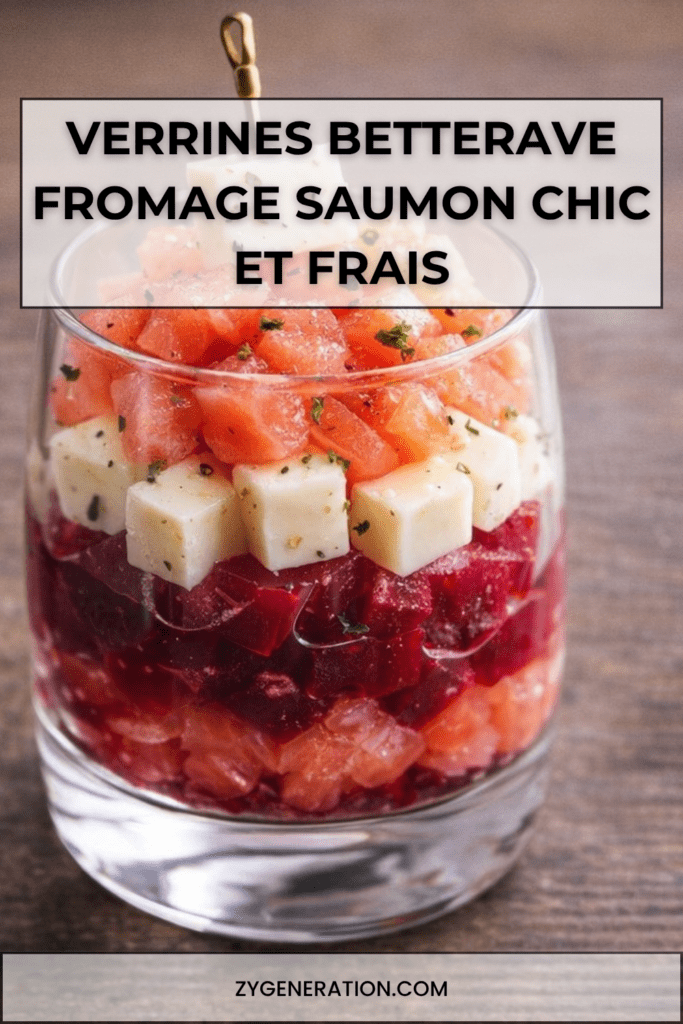 Verrines élégantes de betterave mixée, fromage frais citronné, échalote, ciboulette et saumon fumé, décorées de balsamique.