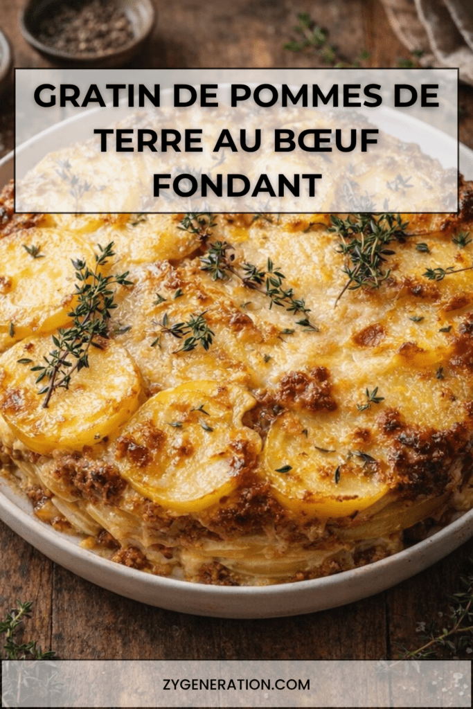 Gratin de pommes de terre au bœuf haché avec béchamel fromagère, gruyère doré, parmesan, thym frais et croûte croustillante.