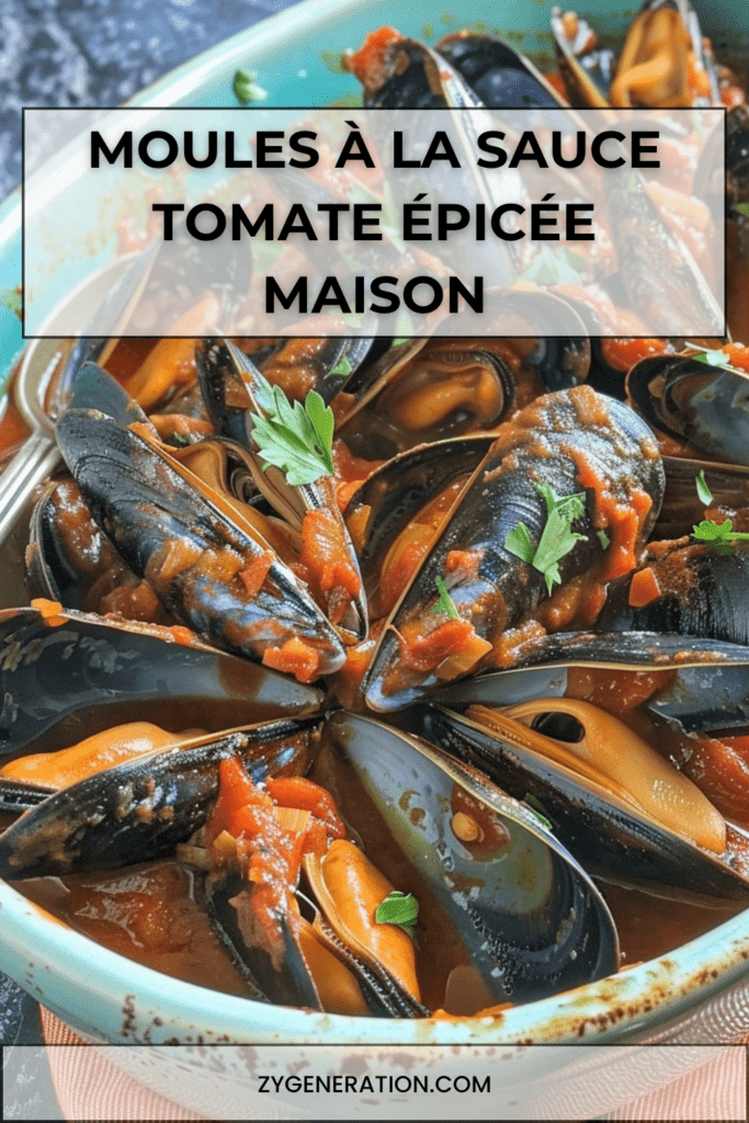 Moules fraîches à la sauce tomate épicée avec ail, oignon, paprika, vin blanc, piment, persil frais et sauce rouge parfumée.