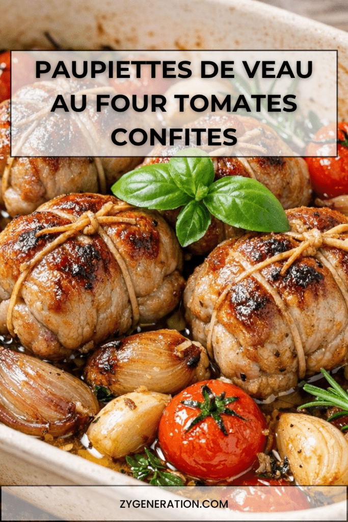Paupiettes de veau dorées au four avec tomates cerises confites, échalotes, ail, thym, romarin, laurier et basilic frais.