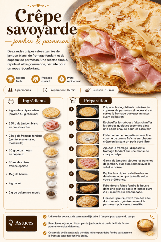 Crêpe savoyarde dorée garnie de jambon blanc, fromage fondant, crème fraîche et copeaux de parmesan, servie chaude dans une assiette.