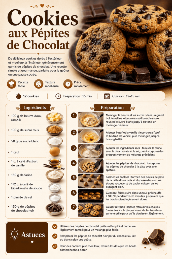 Cookies aux pépites de chocolat noir faits maison, dorés sur les bords et moelleux au centre, servis sur une assiette avec quelques pépites fondantes.