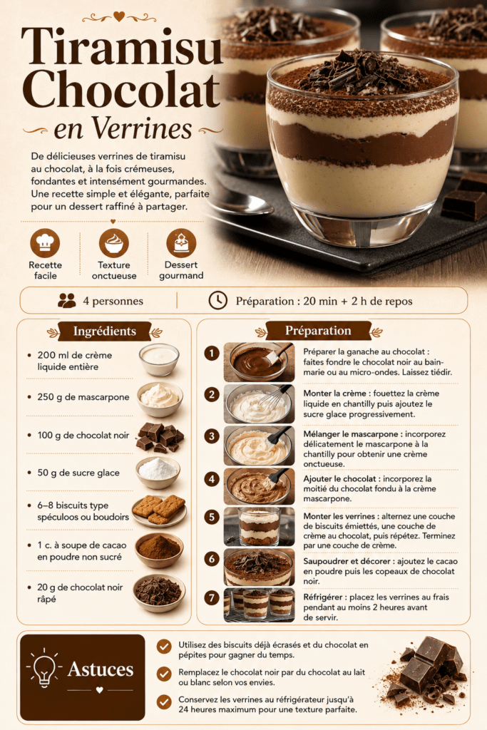 Verrines de tiramisu au chocolat avec crème mascarpone onctueuse, biscuits émiettés, cacao en poudre et copeaux de chocolat noir sur le dessus.
