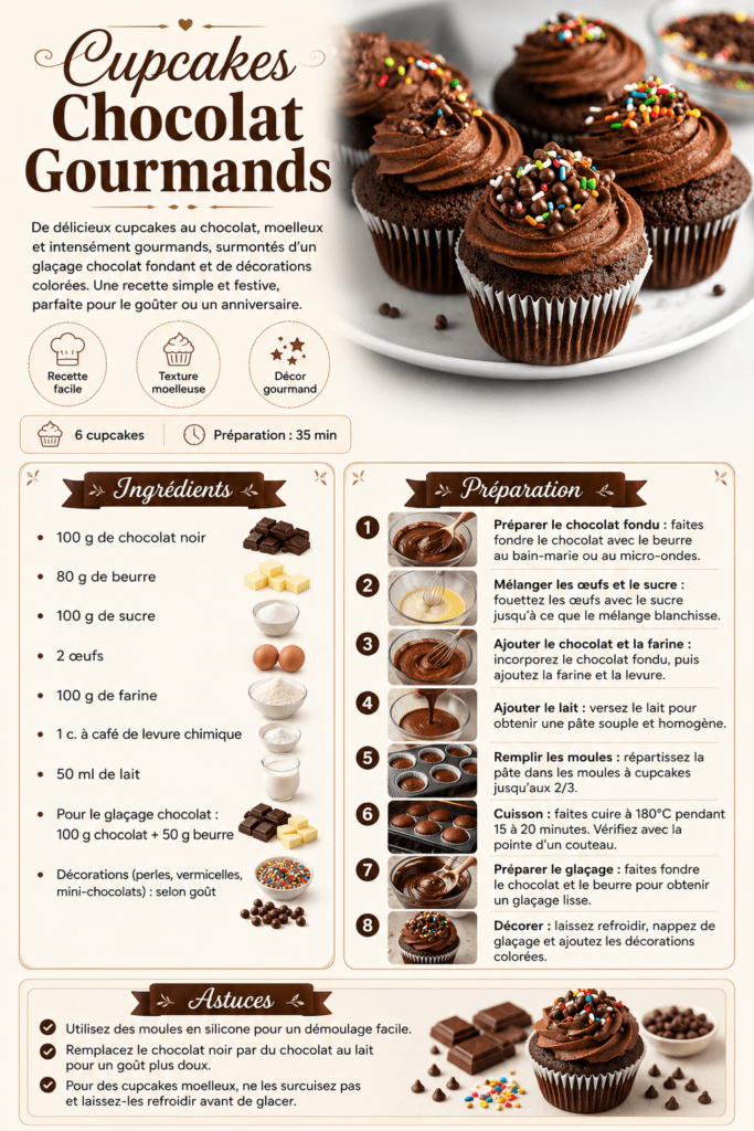 Cupcakes au chocolat faits maison avec glaçage chocolat fondant, décorations colorées et texture moelleuse, présentés sur une assiette de dessert.