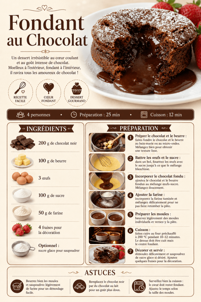Fondant au chocolat individuel avec cœur coulant, saupoudré de sucre glace et décoré de fraises fraîches dans une assiette de dessert.