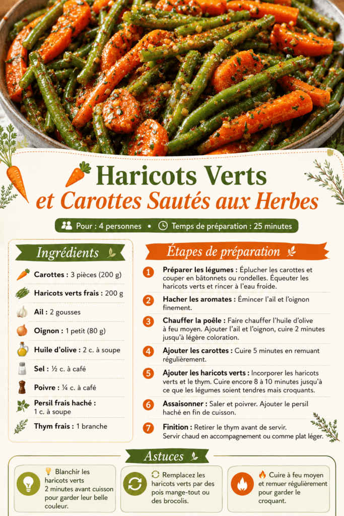 Poêlée de haricots verts frais et carottes sautés aux herbes, servie chaude avec ail, oignon, thym et persil frais dans une assiette maison.