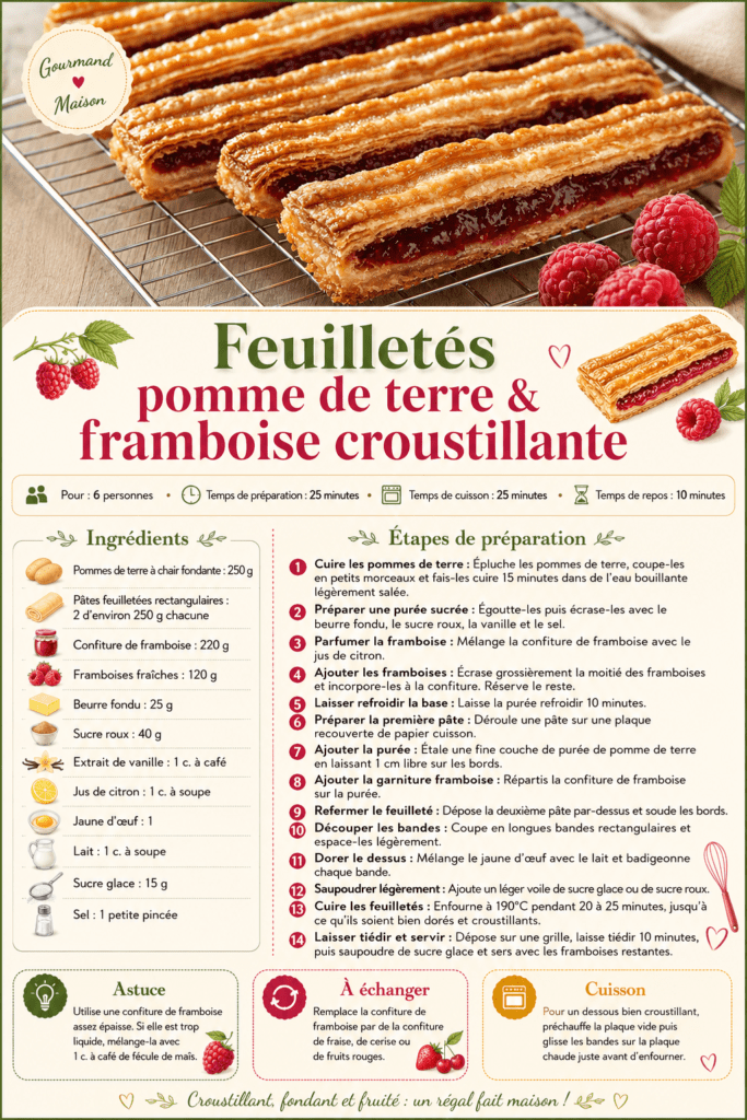 Feuilletés croustillants garnis d’une purée sucrée de pomme de terre et de framboise, dorés au four, saupoudrés de sucre glace et servis avec des framboises fraîches.