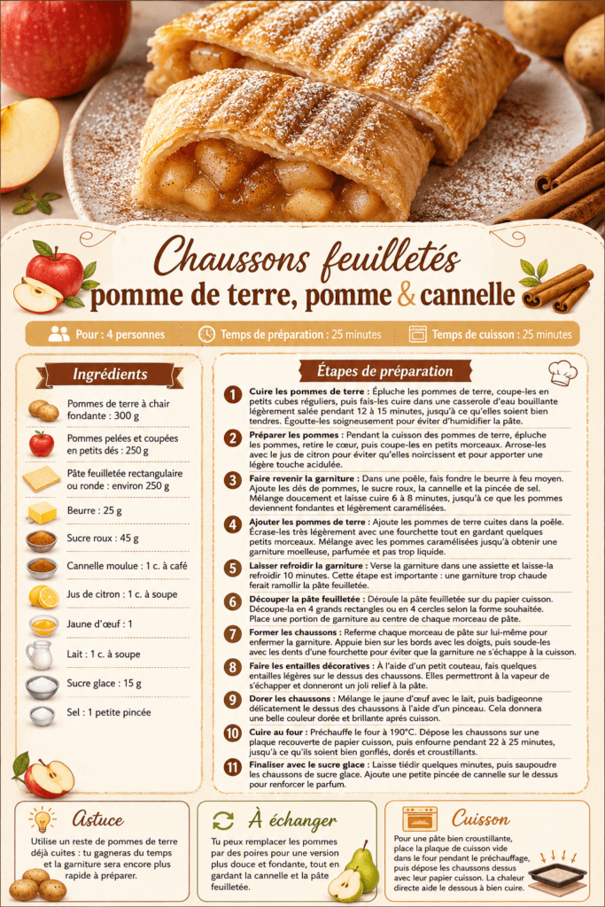 Chaussons feuilletés dorés garnis de pomme de terre fondante, pommes caramélisées et cannelle, saupoudrés de sucre glace et servis tièdes.