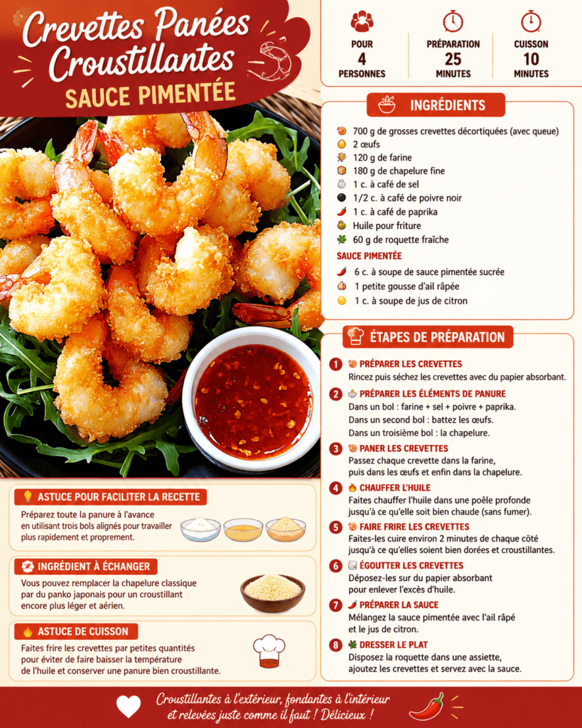 Crevettes panées croustillantes dorées servies sur un lit de roquette fraîche avec un bol de sauce pimentée sucrée à l’ail et au citron.