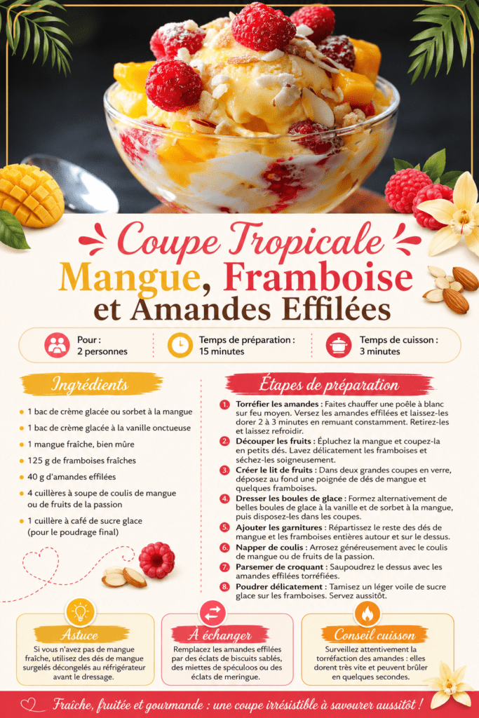 Coupe glacée tropicale servie dans un verre avec boules de glace vanille et mangue, dés de mangue fraîche, framboises, coulis fruité et amandes effilées grillées.
