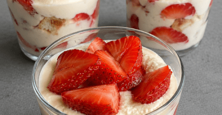 Verrines de tiramisu aux fraises avec crème mascarpone onctueuse, morceaux de fraises fraîches et biscuits à la cuillère, servies bien froides.