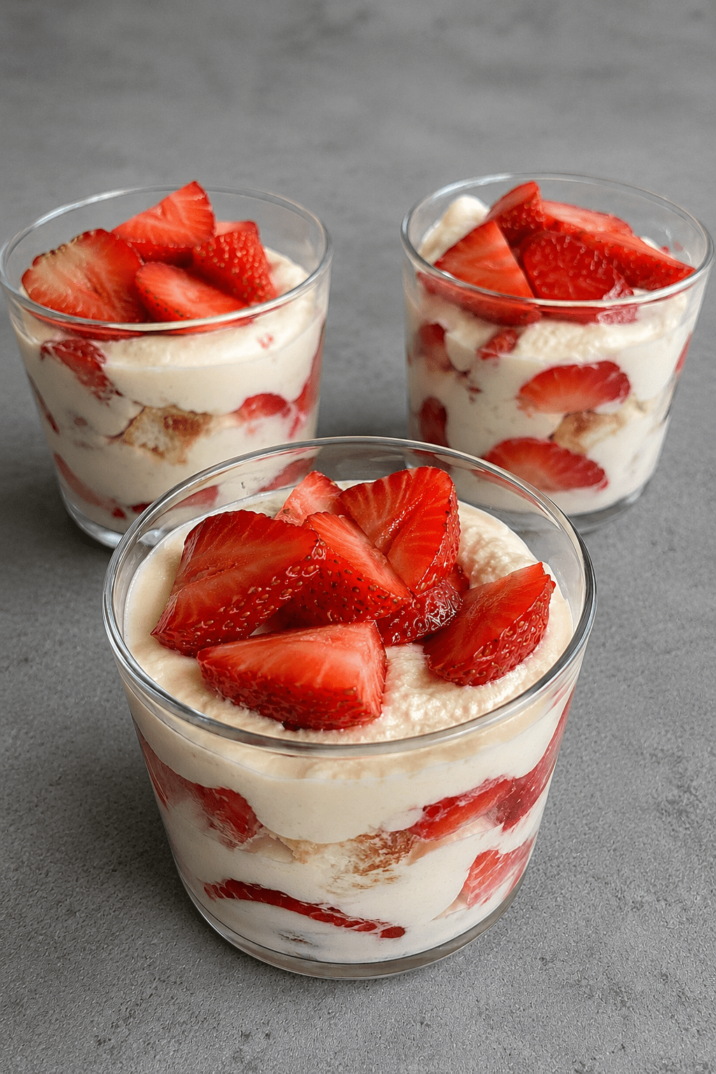 Verrines de tiramisu aux fraises avec crème mascarpone onctueuse, morceaux de fraises fraîches et biscuits à la cuillère, servies bien froides.