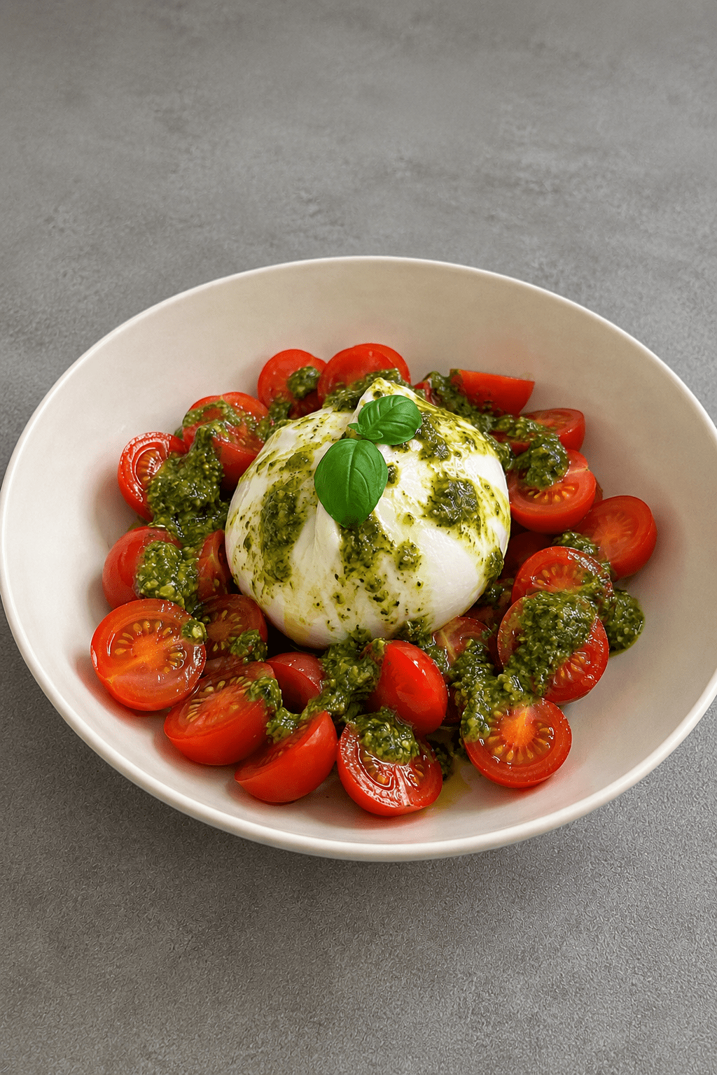 Salade fraîche de burrata crémeuse servie avec tomates cerises coupées, pesto vert, huile d’olive et feuilles de basilic dans une assiette creuse.