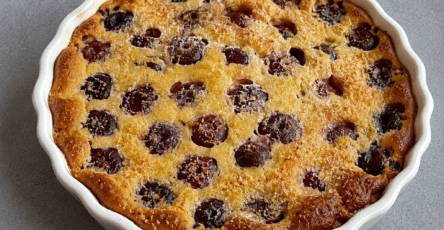 Clafoutis maison aux cerises et aux amandes doré au four, servi dans un plat à gratin avec une texture moelleuse et des cerises visibles.