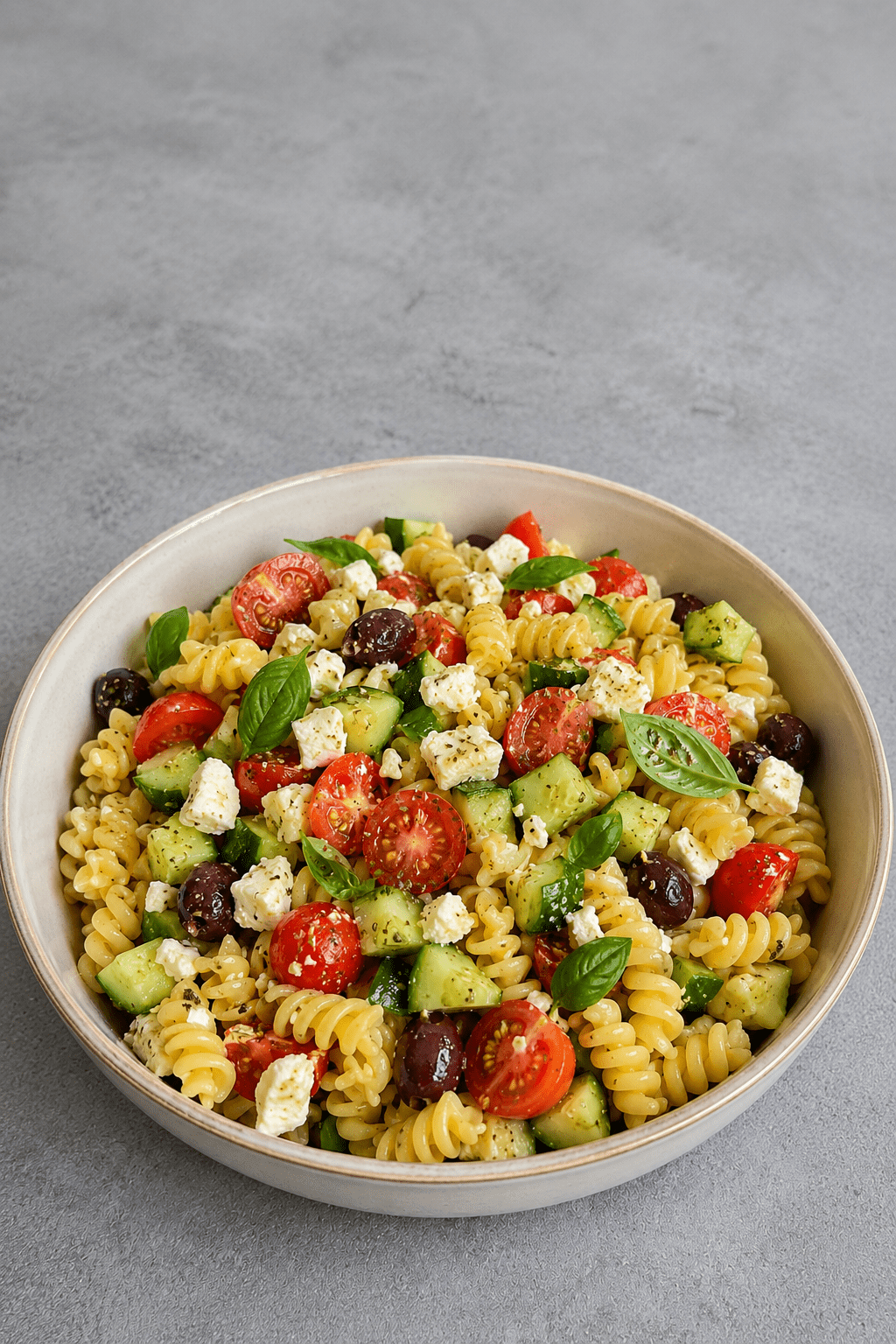 Salade de pâtes méditerranéenne colorée avec tomates cerises, concombre, feta en morceaux, olives noires, basilic frais et huile d’olive.