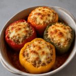 Poivrons farcis au thon, riz, sauce tomate et fromage râpé gratiné, servis dans un plat de cuisson avec une garniture généreuse et colorée.