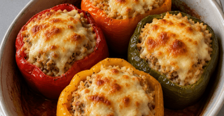 Poivrons farcis au thon, riz, sauce tomate et fromage râpé gratiné, servis dans un plat de cuisson avec une garniture généreuse et colorée.