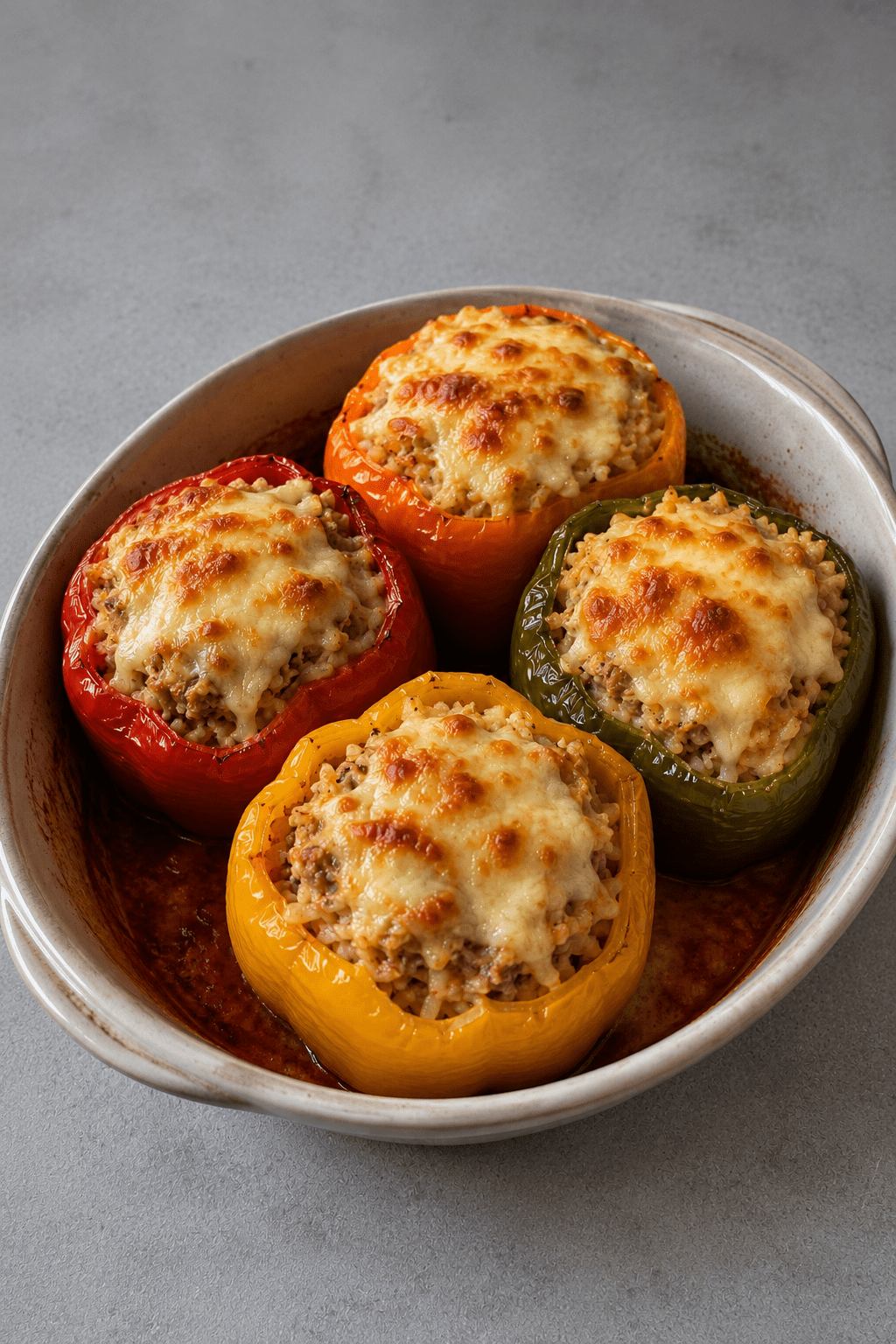 Poivrons farcis au thon, riz, sauce tomate et fromage râpé gratiné, servis dans un plat de cuisson avec une garniture généreuse et colorée.