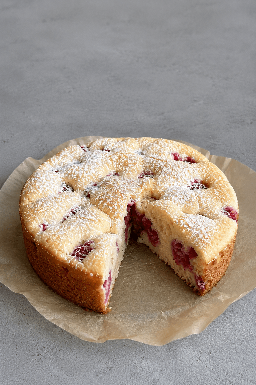 Gâteau moelleux citron framboise sans beurre, doré au four, avec une mie légère, des framboises visibles et un zeste de citron frais.