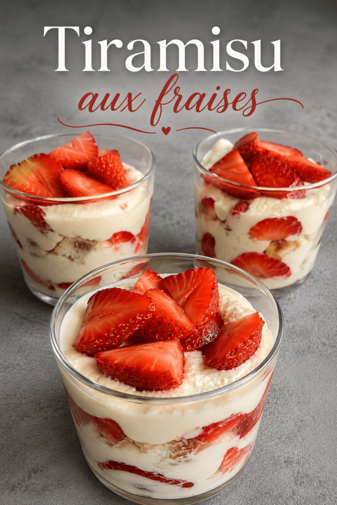 Verrines de tiramisu aux fraises avec crème mascarpone onctueuse, morceaux de fraises fraîches et biscuits à la cuillère, servies bien froides.